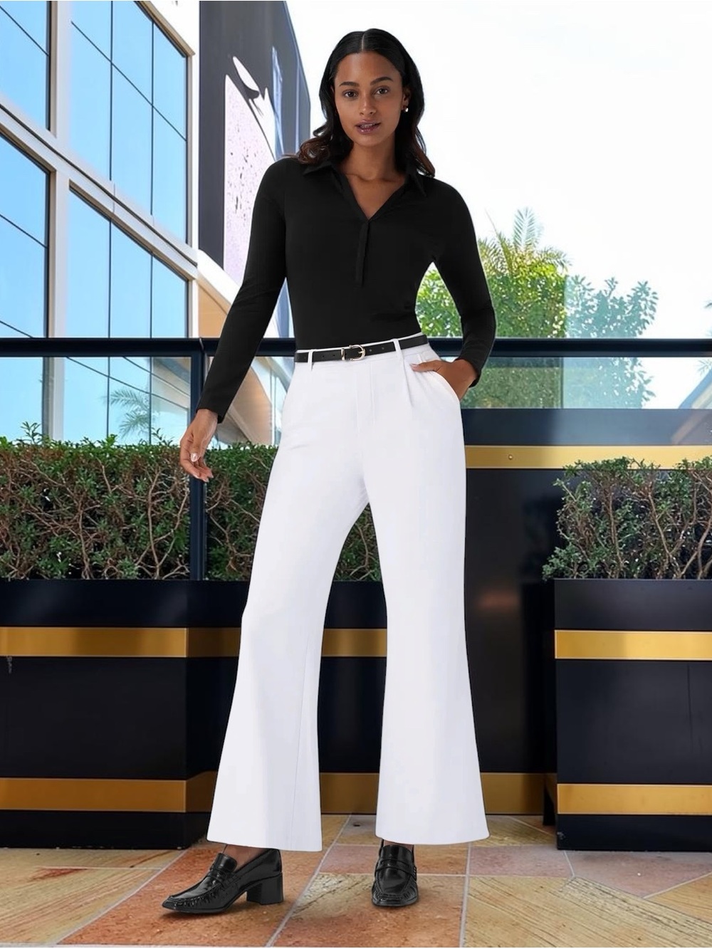 Halara Flex DayStretch High Waisted Pocket Work Flare Pants Lg P White 02770849